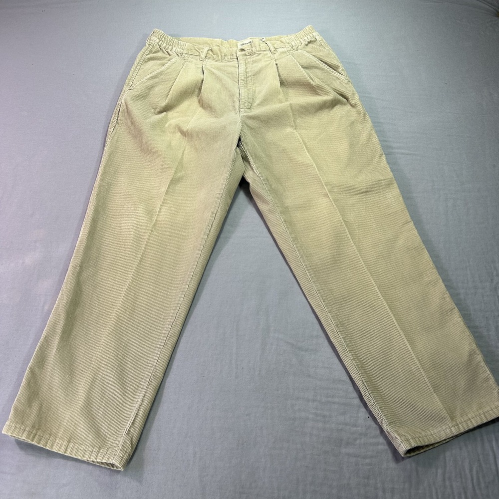 VINTAGE Eddie Bauer Pants Mens 36x30 Beige Corduroy Pleated Chino Dress Casual